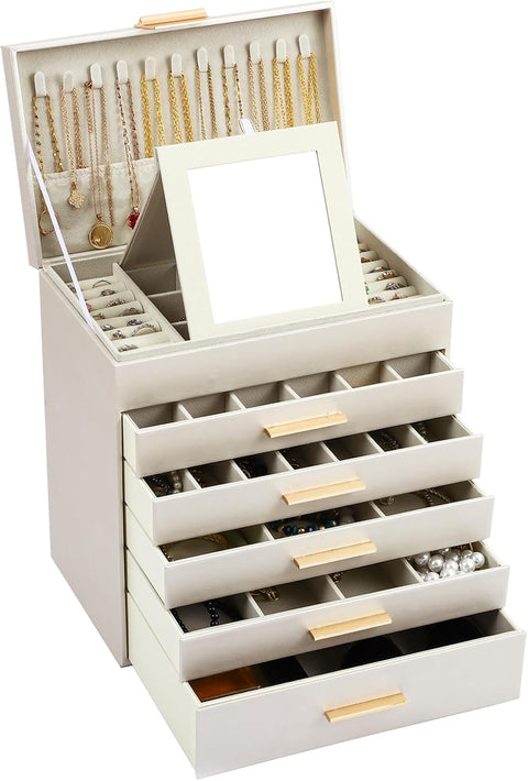 CARLA HOME White 6-Layer Jewellery Organiser Box with Mirror Drawers and Hooks
