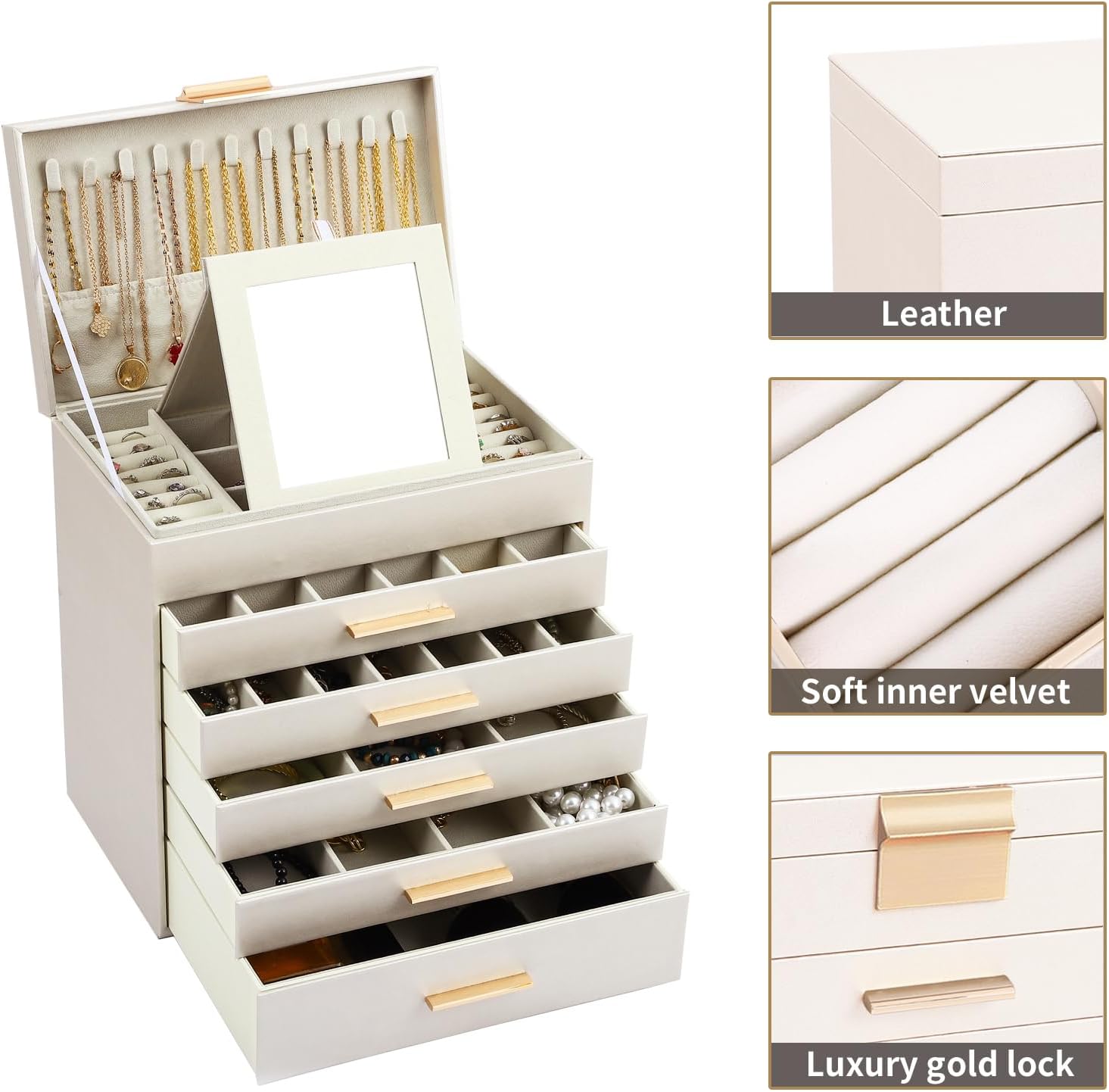 CARLA HOME White 6-Layer Jewellery Organiser Box with Mirror Drawers and Hooks