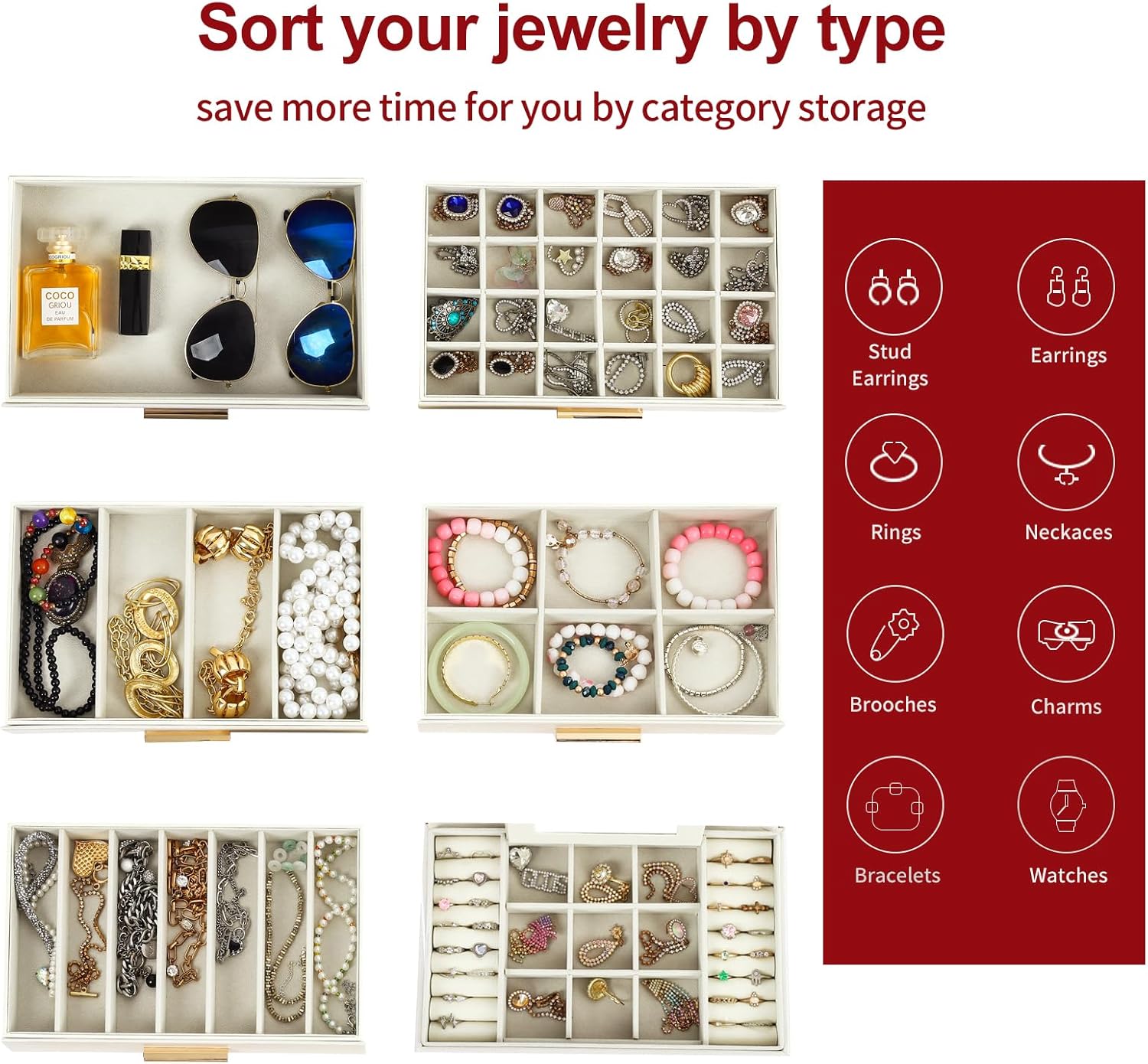 CARLA HOME White 6-Layer Jewellery Organiser Box with Mirror Drawers and Hooks