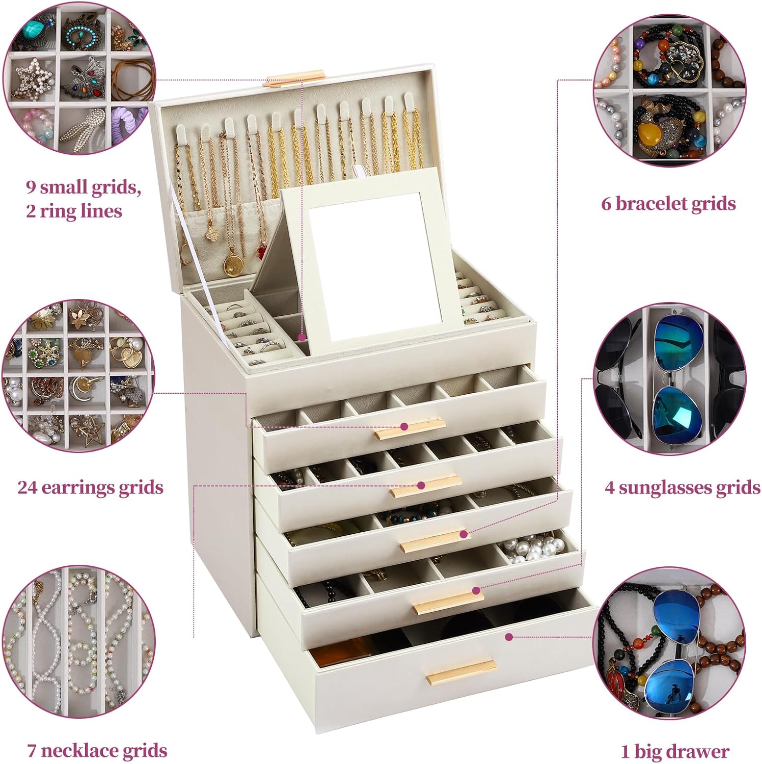 CARLA HOME White 6-Layer Jewellery Organiser Box with Mirror Drawers and Hooks
