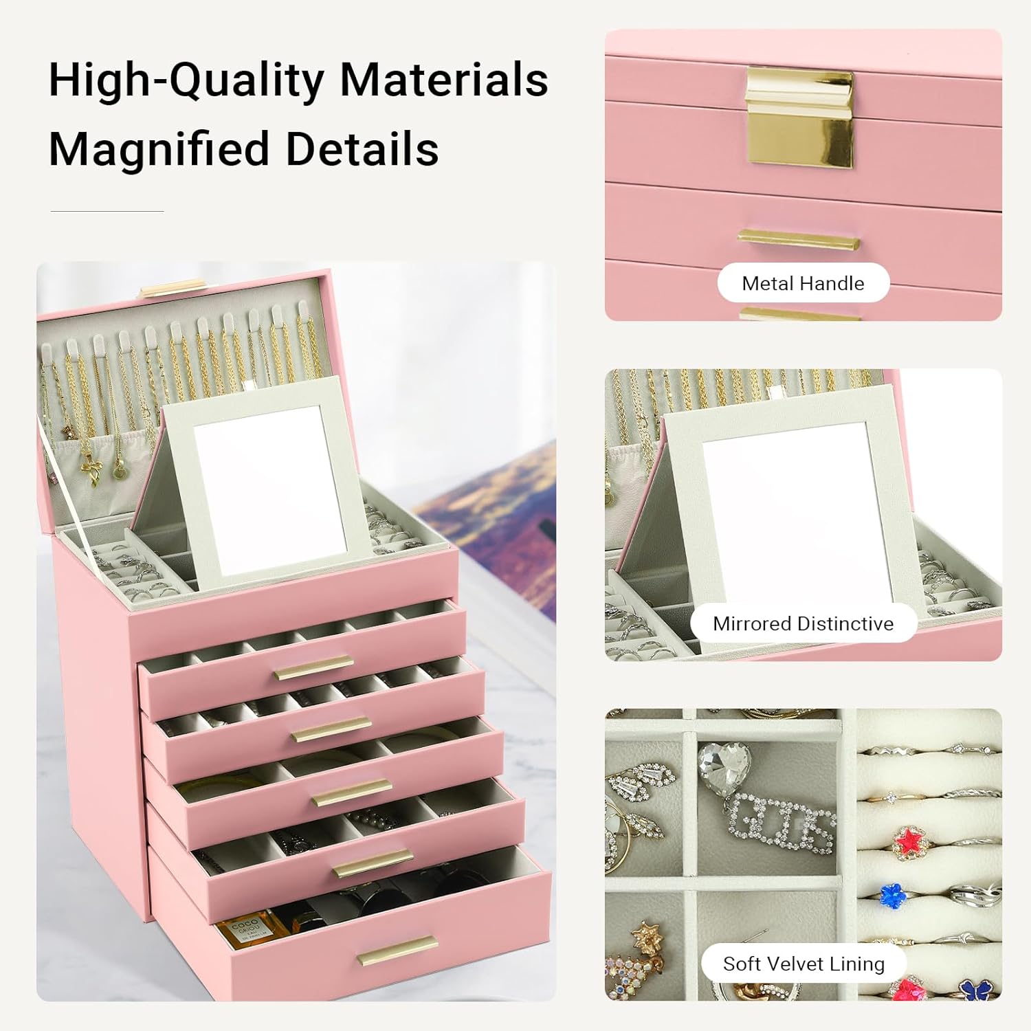 CARLA HOME 6-Layer Jewelry Organizer Box with Mirror & Drawers - Pink - SuperSaverAU - view 4