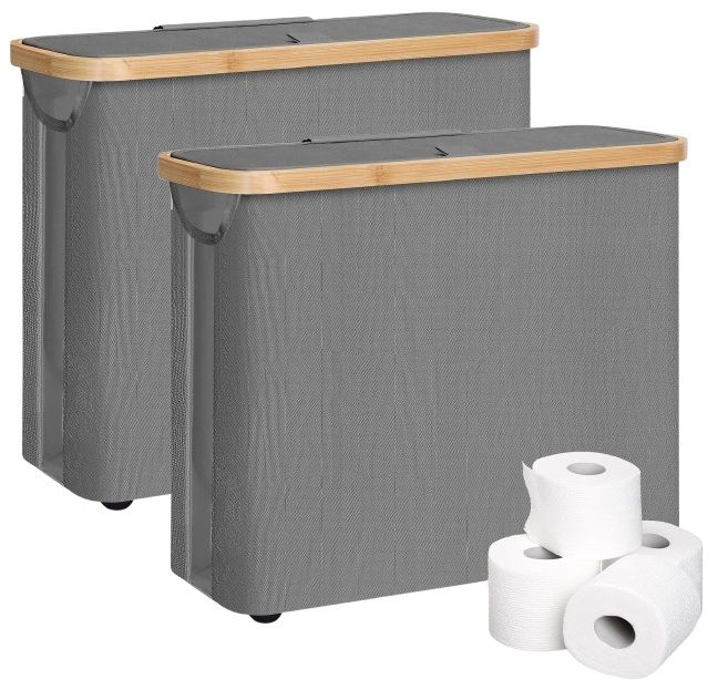 CARLA HOME 2 Pack Toilet Paper Storage Basket, Holds 12 Rolls, Bamboo Lid, Grey - SuperSaverAU - view 1