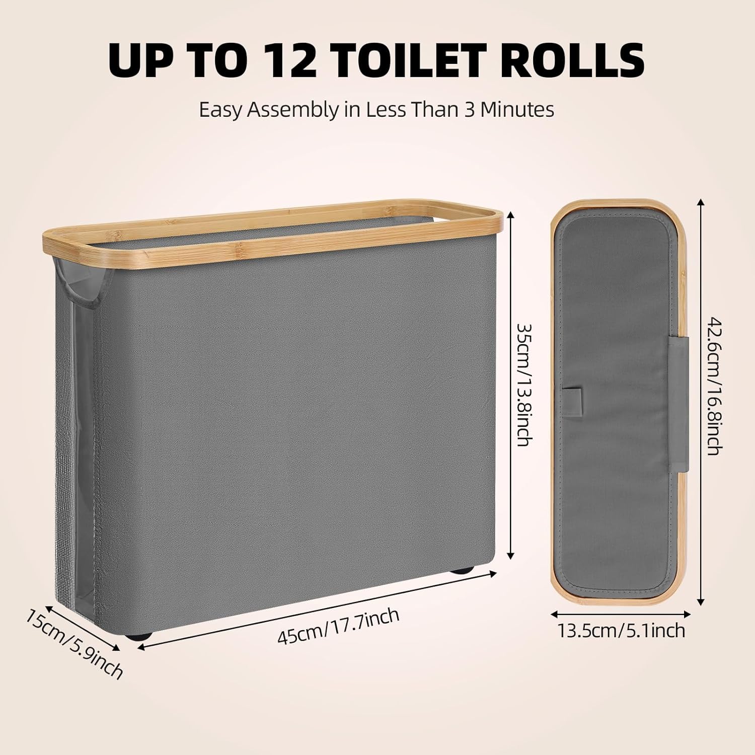 CARLA HOME 2 Pack Toilet Paper Storage Basket, Holds 12 Rolls, Bamboo Lid, Grey - SuperSaverAU - view 3
