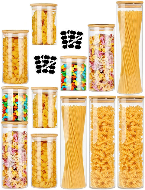 CARLA HOME 12 Pack Glass Storage Jars with Bamboo Lids, Airtight, Multi-Size - SuperSaverAU - view 1