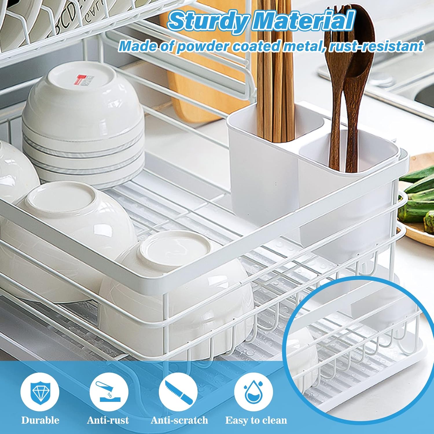 CARLA HOME 2-Tier Dish Drying Rack 43x32x27 cm with Removable Tray & Utensil Holder - SuperSaverAU - view 4