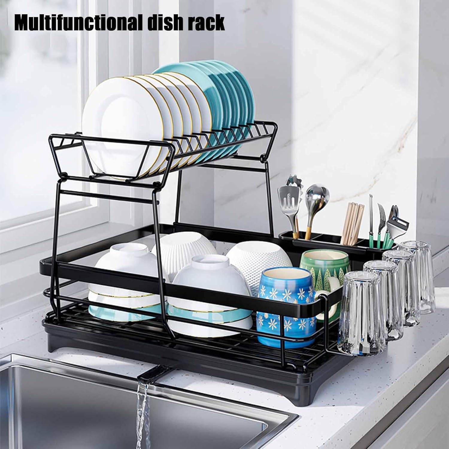 CARLA HOME 2-Tier Dish Drying Rack 42x32x30 cm with Drainboard & Utensil Holder - SuperSaverAU - view 5