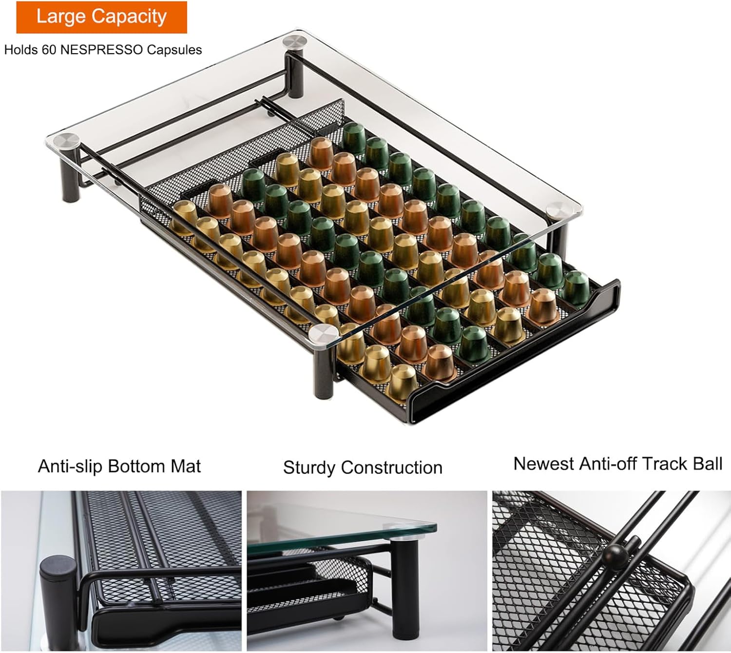 CARLA HOME 60 Coffee Pod Holder Drawer with Tempered Glass Capsule Organizer for Nespresso Pods and Sliding Drawer for Kitchen Countertop - SuperSaverAU - view 4