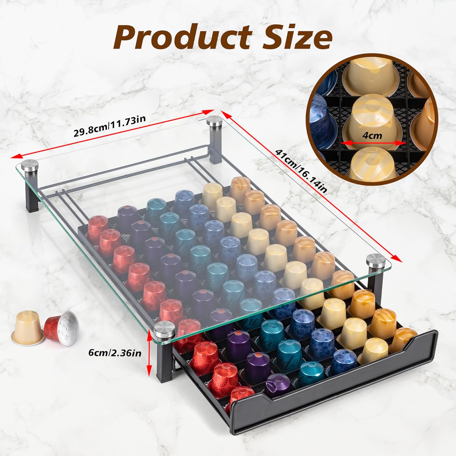 CARLA HOME 60 Coffee Pod Holder Drawer with Tempered Glass Capsule Organizer for Nespresso Pods and Sliding Drawer for Kitchen Countertop - SuperSaverAU - view 7