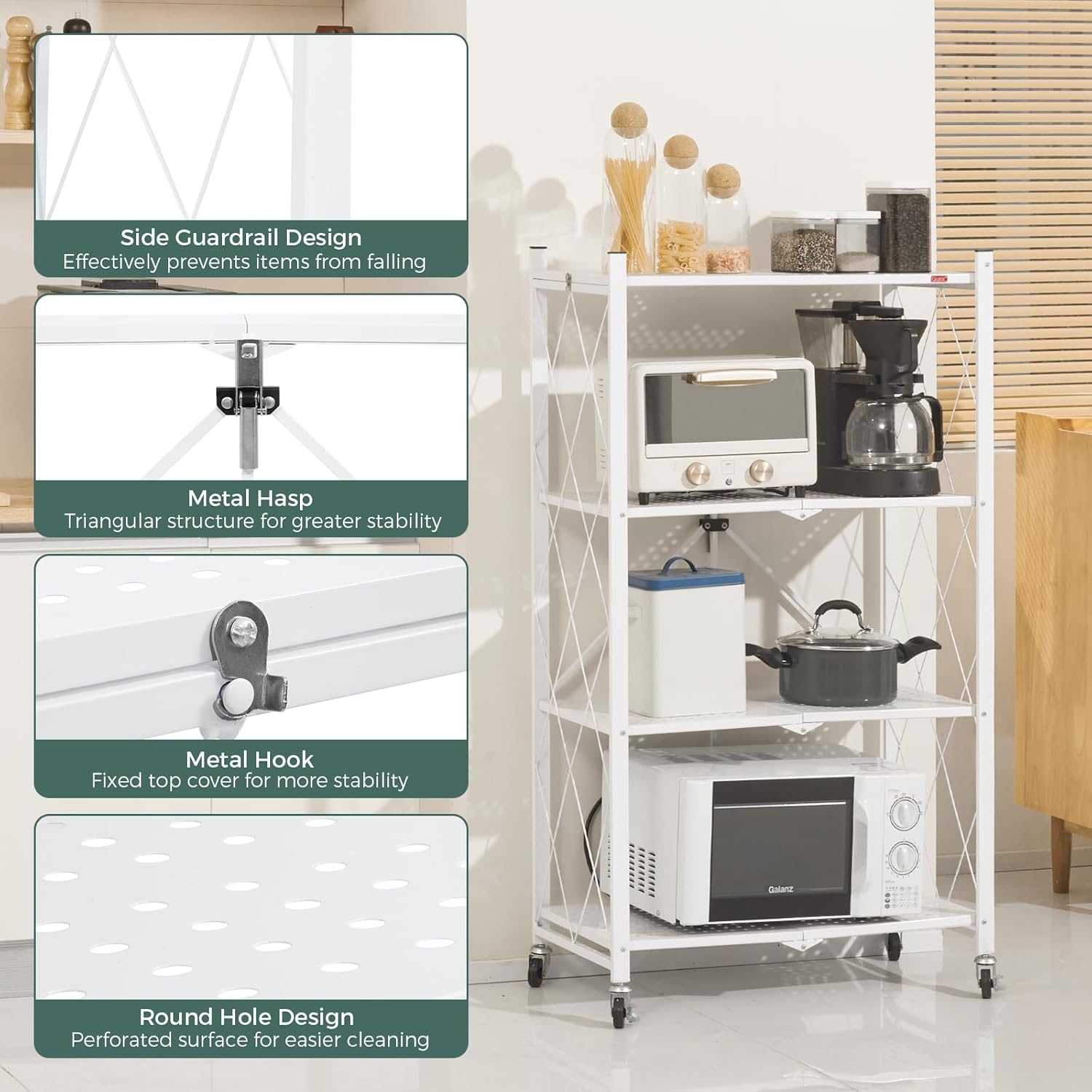 CARLA HOME 4 Tier White Foldable Storage Shelf with Wheels Kitchen Garage Pantry Rack