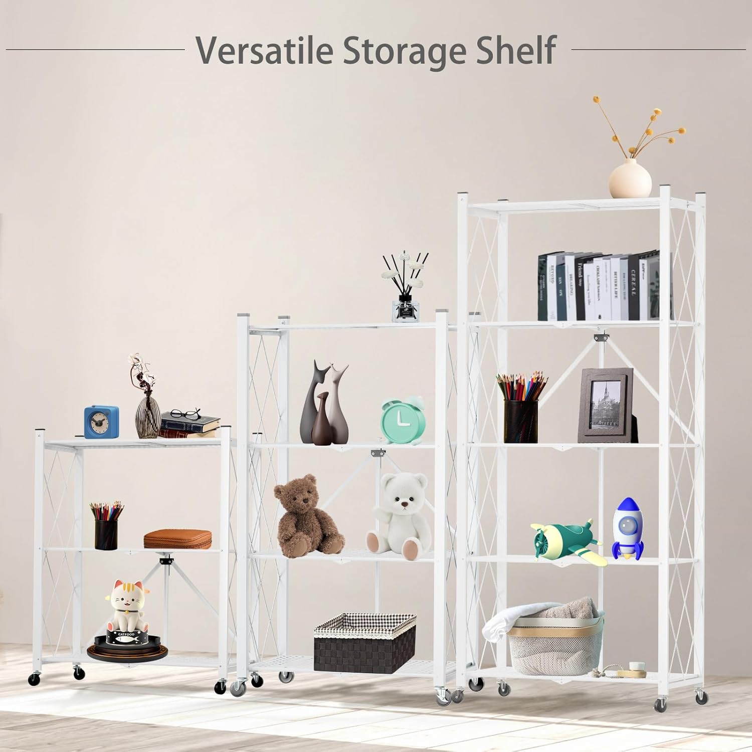 CARLA HOME 4 Tier White Foldable Storage Shelf with Wheels Kitchen Garage Pantry Rack