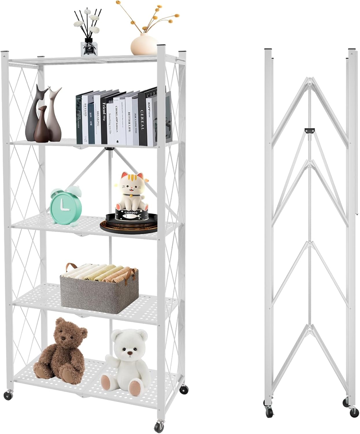 CARLA HOME 5 Tier White Foldable Storage Shelf with Wheels 100kg Capacity