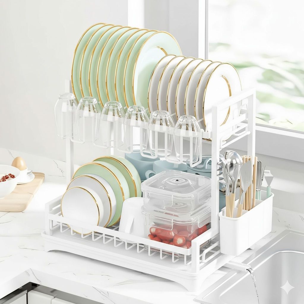 CARLA HOME 2-Tier Dish Drying Rack – White with Drainboard