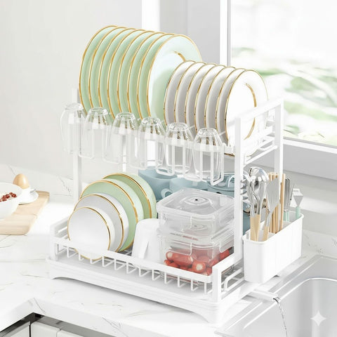 CARLA HOME 2-Tier Dish Drying Rack – White with Drainboard