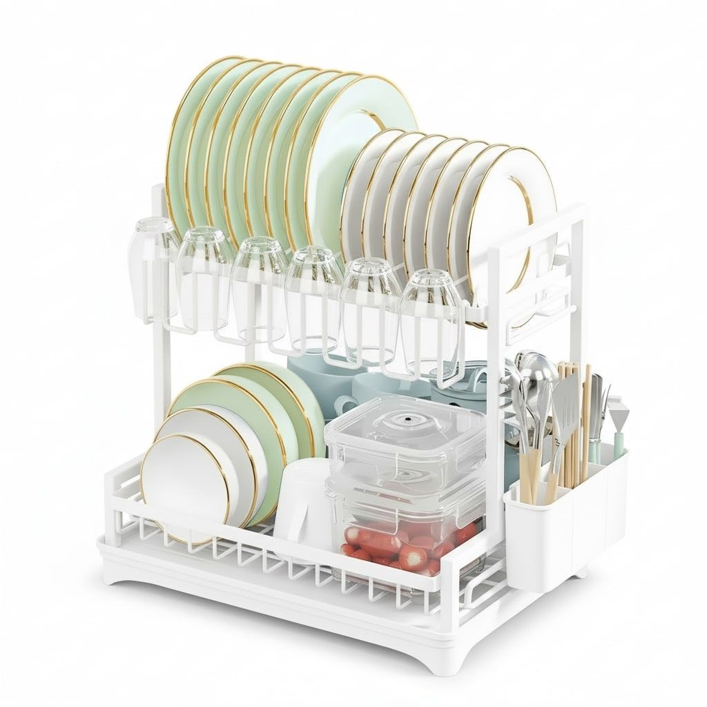 CARLA HOME 2-Tier Dish Drying Rack – White with Drainboard