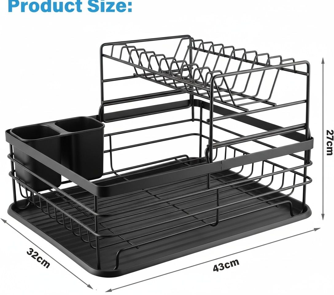 CARLA HOME 2-Tier Dish Drying Rack – Black with Drip Tray & Utensil Holder