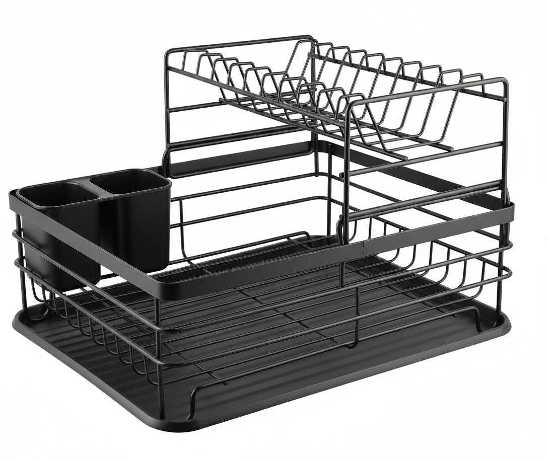 CARLA HOME 2-Tier Dish Drying Rack – Black with Drip Tray & Utensil Holder