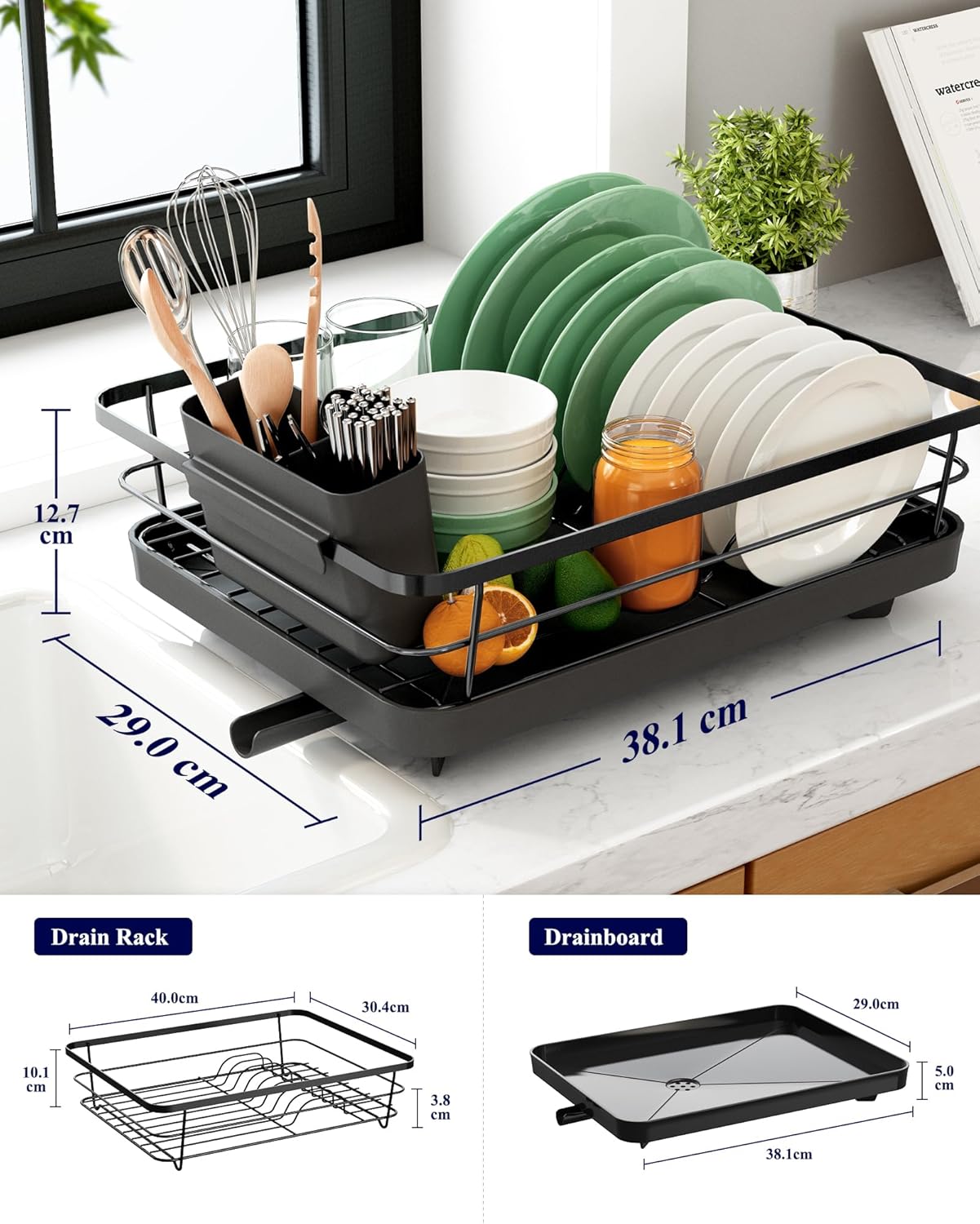 CARLA HOME Dish Drying Rack – Removable Drip Tray & Utensil Holder