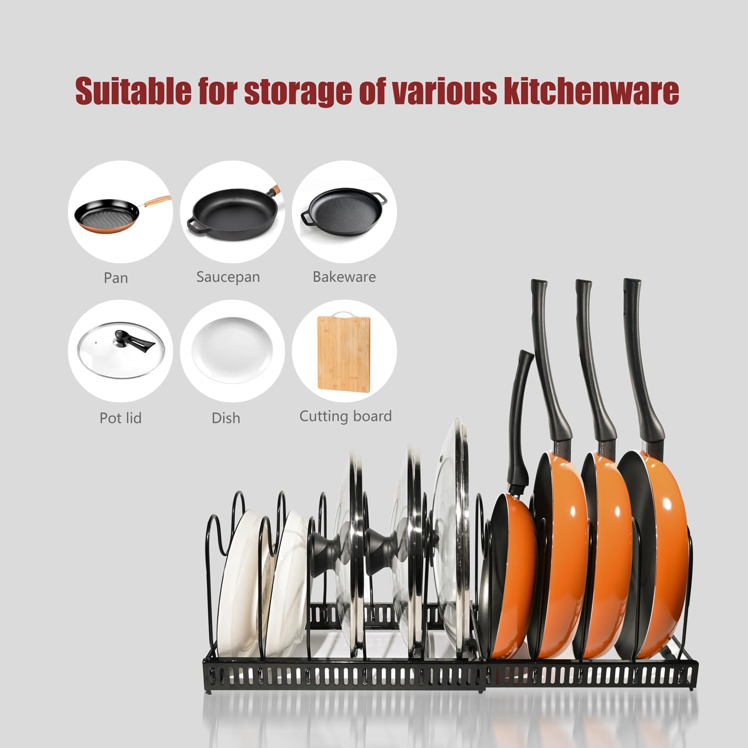 CARLA HOME Expandable Pot & Pan Organiser Rack – 10 Adjustable Dividers
