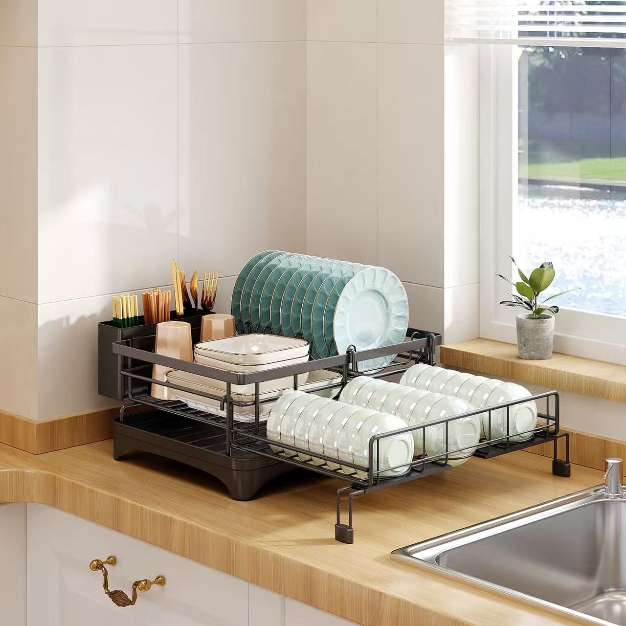 CARLA HOME 1-Tier Expandable Dish Drying Rack – Drainage Spout, 31-55cm