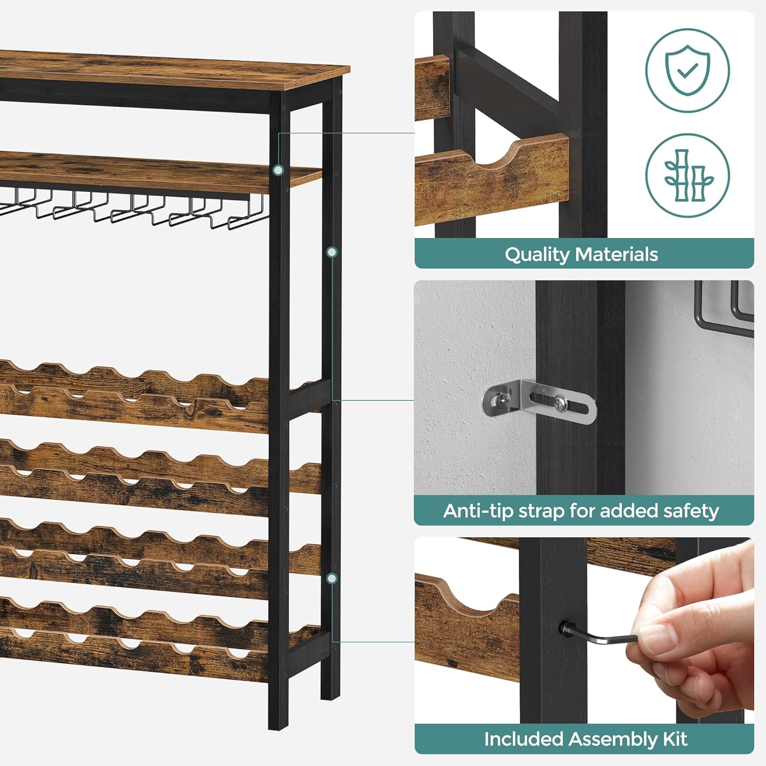 CARLA HOME Large Freestanding Wine Rack with Glass Holder - 24 Bottle