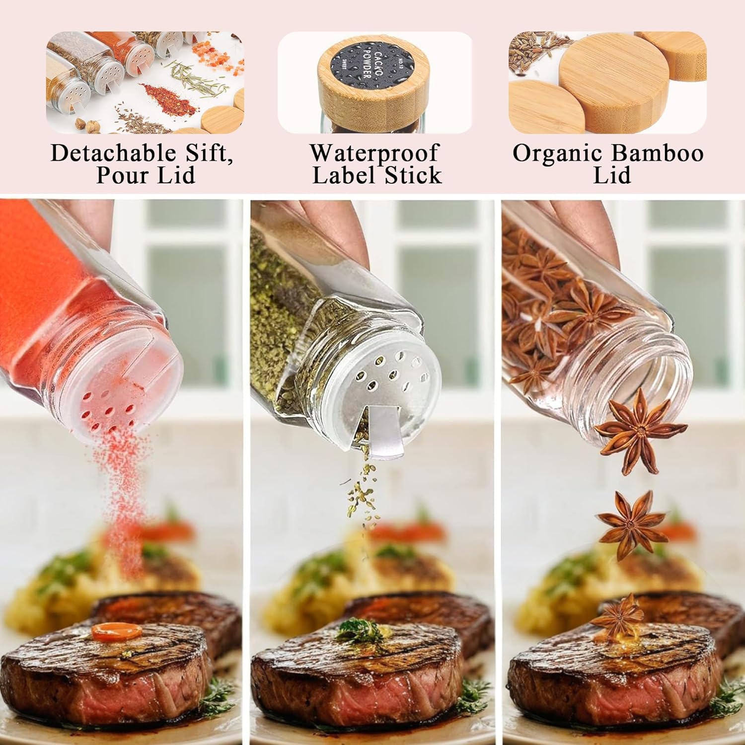 CARLA HOME 24 Glass Spice Jars with Bamboo Lids