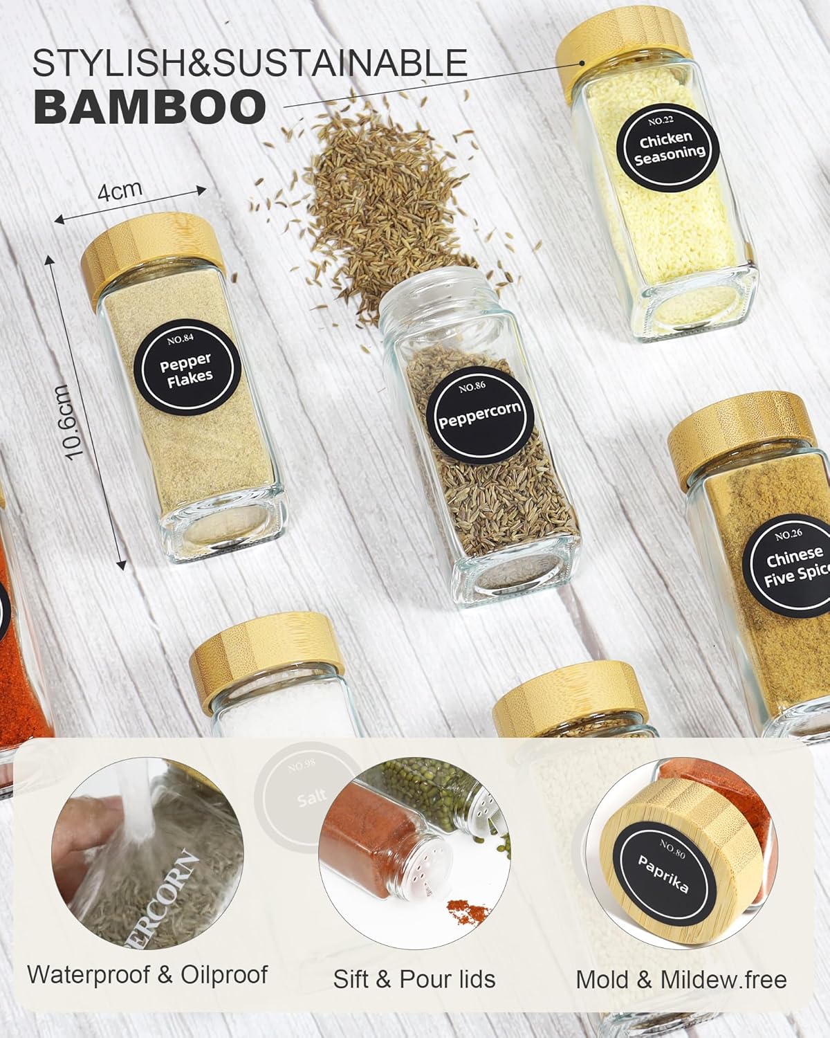 CARLA HOME 24 Glass Spice Jars with Bamboo Lids