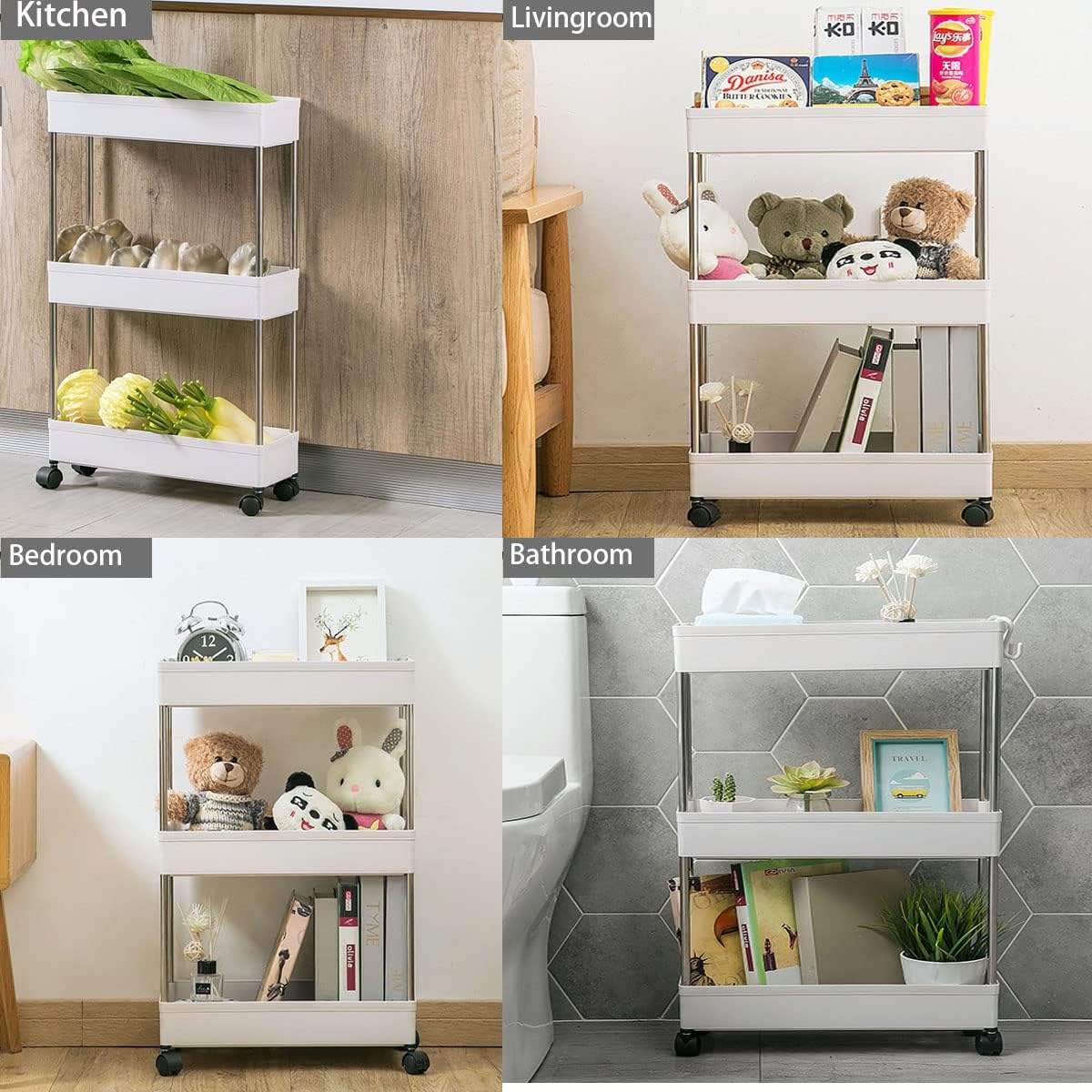 CARLA HOME Slim 3-Tier Storage Cart Organiser with Wheels