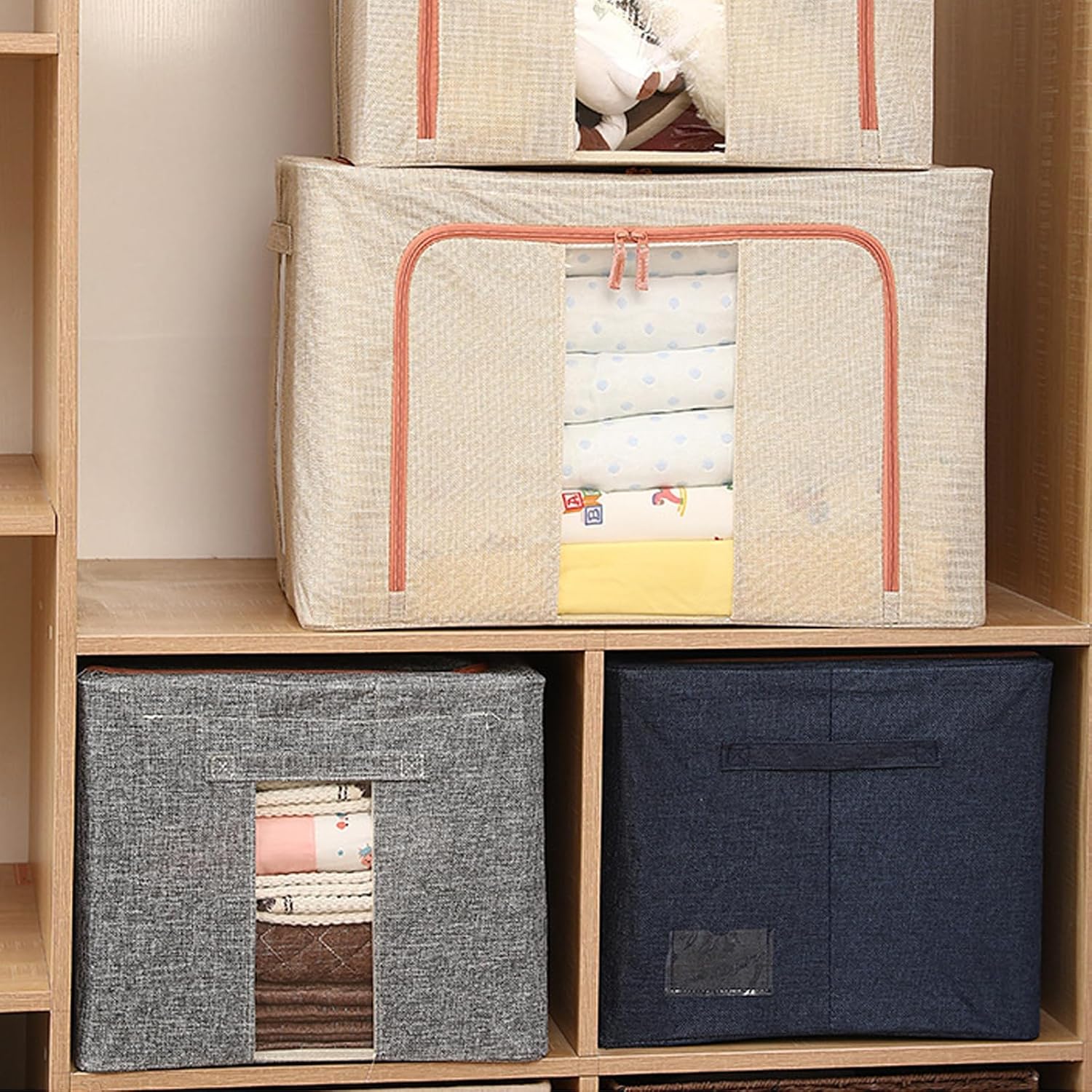CARLA HOME Large Clothes Storage Bins – Beige 3 Pack, 66L with Lids