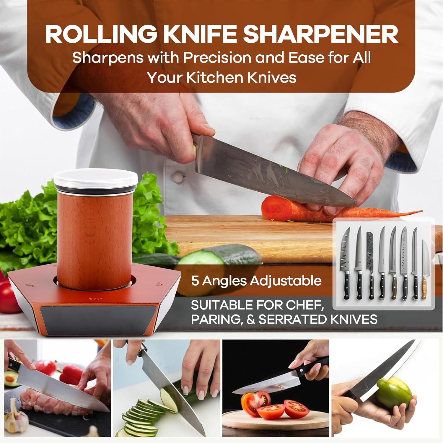 CARLA HOME Rolling Knife Sharpener Kit – 5 Magnetic Angles with Diamond Discs