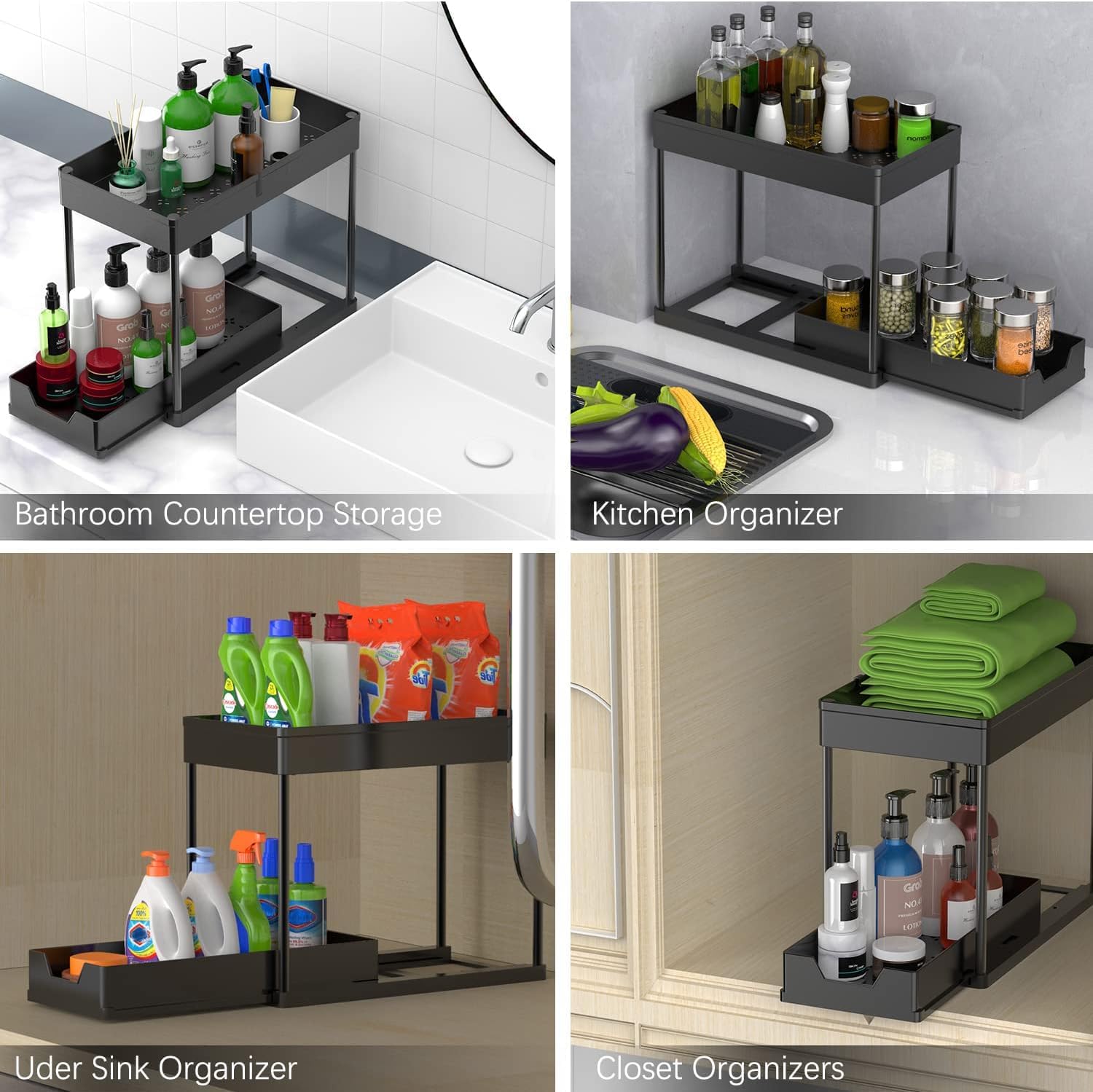 CARLA HOME 2-Pack Under Sink Organizer with Pull-Out Basket & Hooks