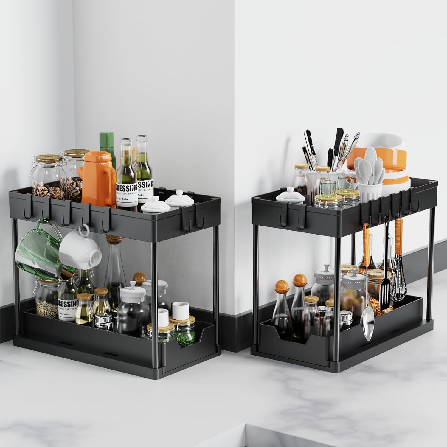 CARLA HOME 2-Pack Under Sink Organizer with Pull-Out Basket & Hooks