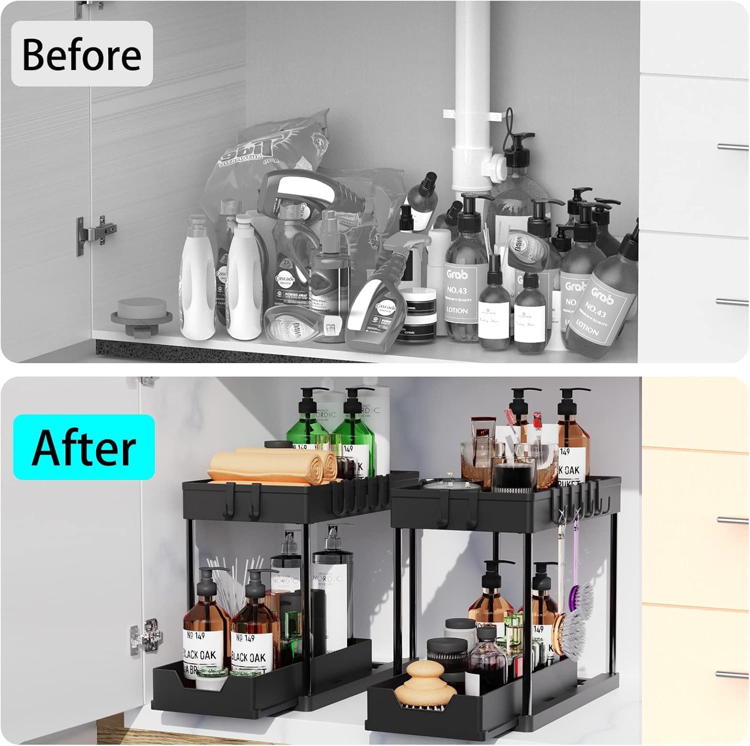 CARLA HOME 2-Pack Under Sink Organizer with Pull-Out Basket & Hooks