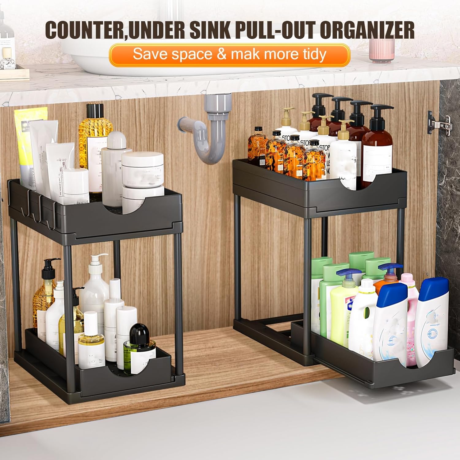 CARLA HOME 2-Pack Under Sink Organizer with Pull-Out Basket & Hooks