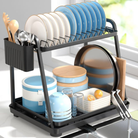 CARLA HOME 2-Tier Dish Drying Rack – Drainage Tray with Cup Hooks