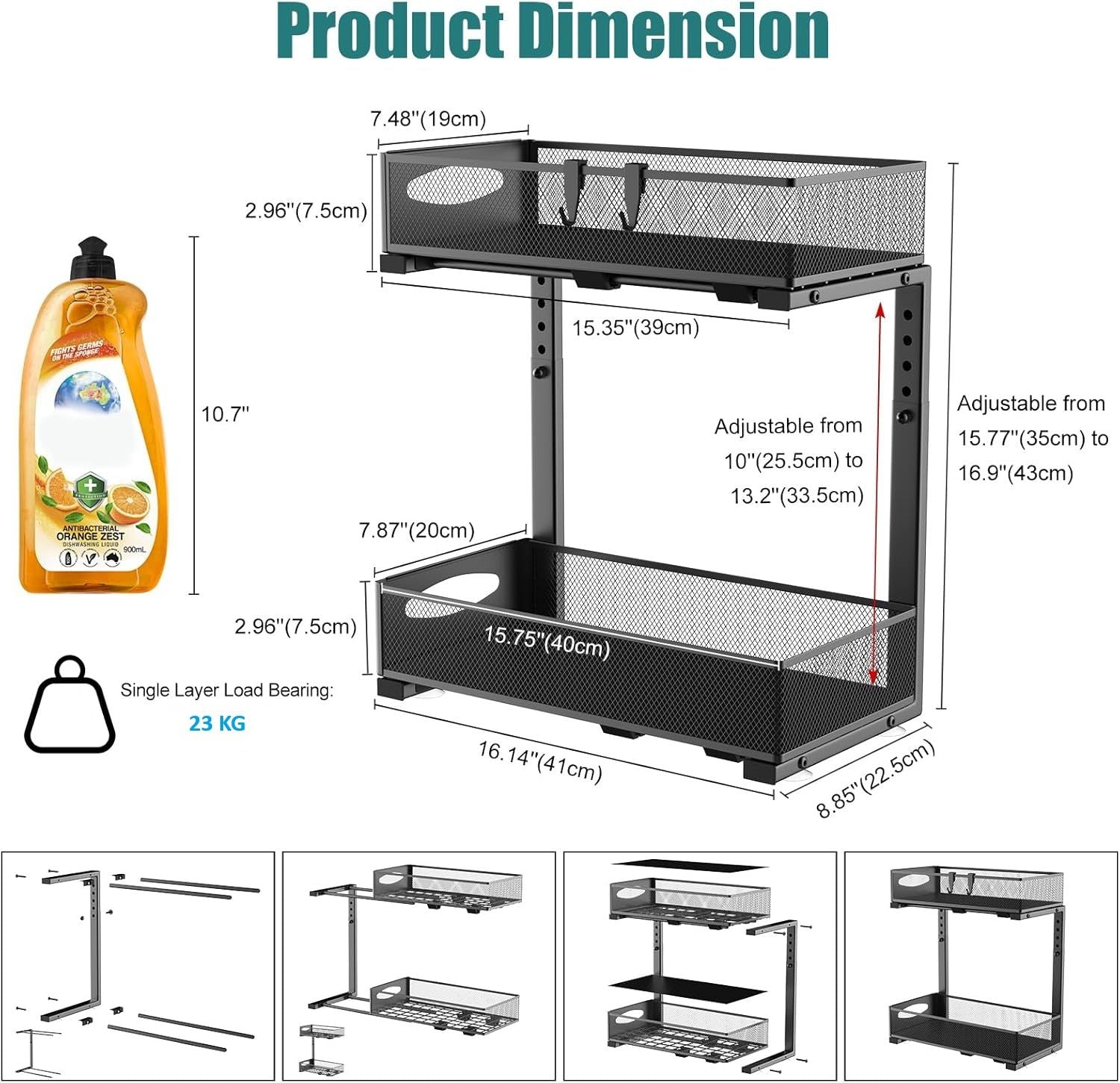 CARLA HOME Height-Adjustable L-Shape Under Sink Organizer with Pull-Out Baskets - Black, 1 Pack