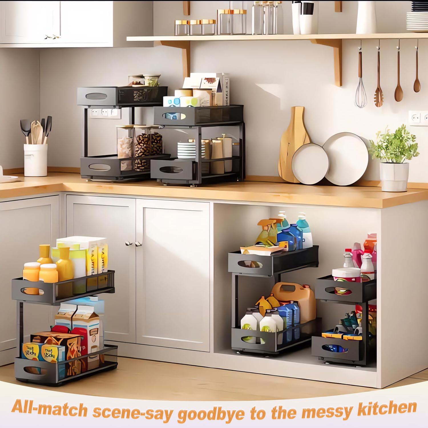CARLA HOME Height-Adjustable L-Shape Under Sink Organizer with Pull-Out Baskets - Black, 2 Pack