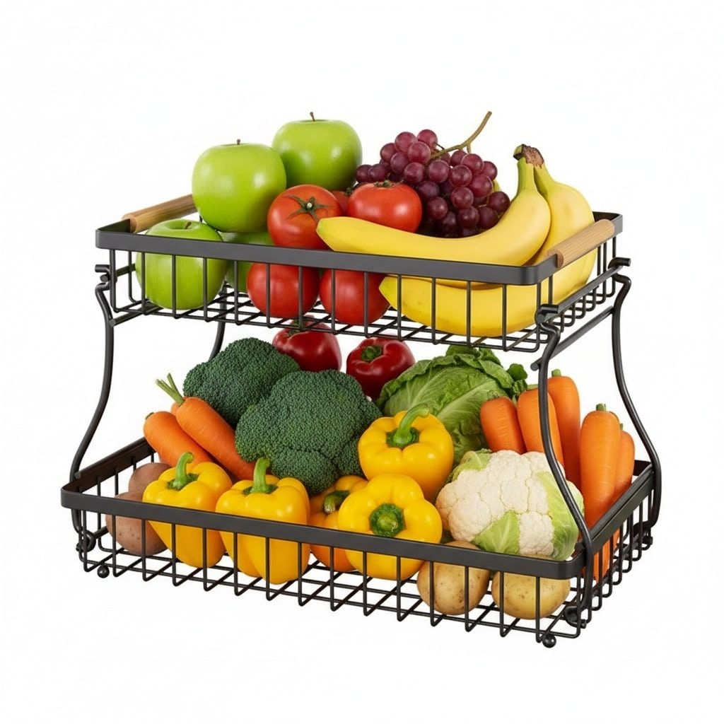 CARLA HOME 2-Tier Fruit Basket – Metal Bowls with Wooden Handles