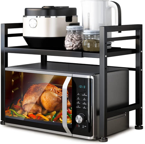 CARLA HOME Adjustable Microwave Oven Rack with 6 Hooks - 2 Tier Black