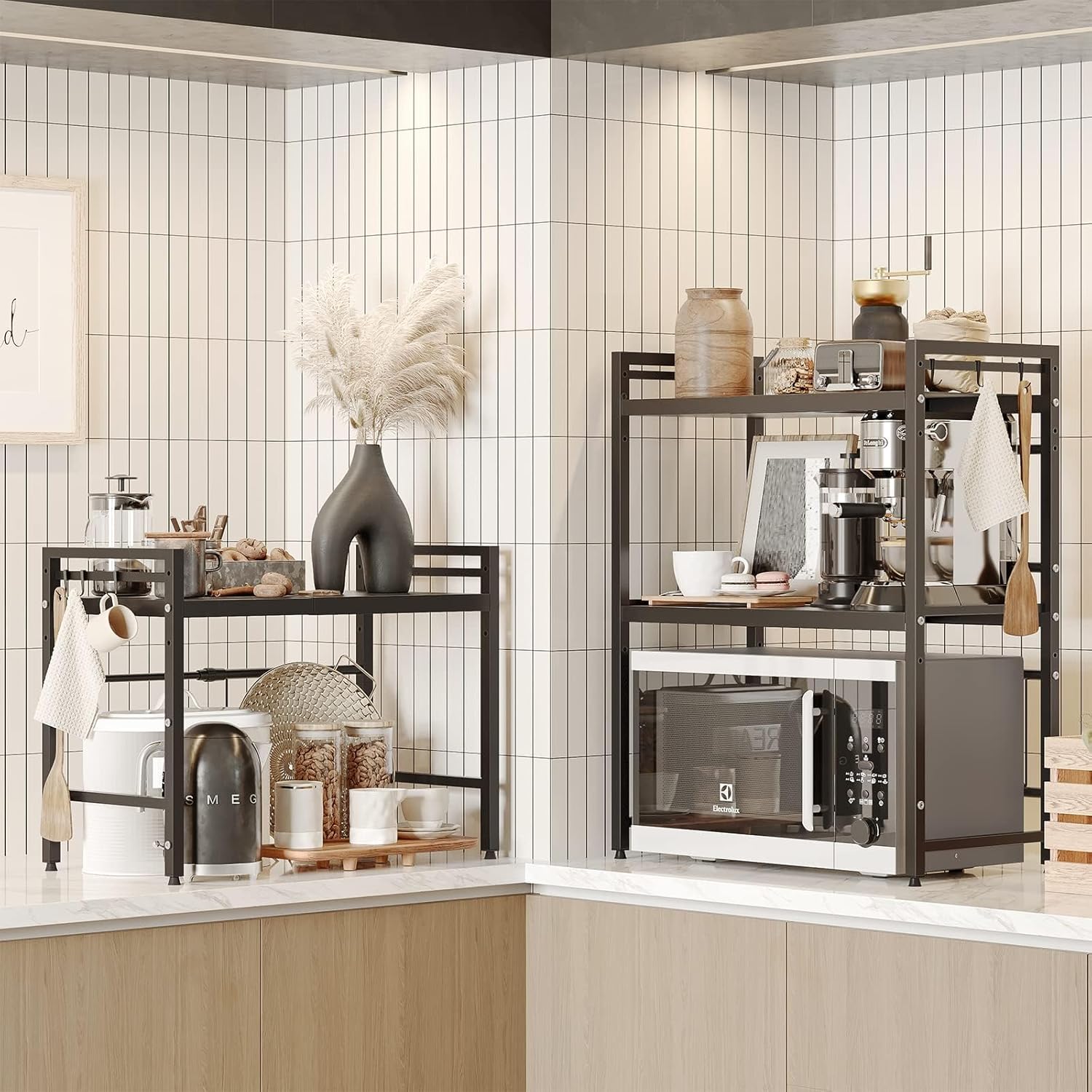 CARLA HOME Adjustable Microwave Oven Rack with 6 Hooks - 2 Tier Black