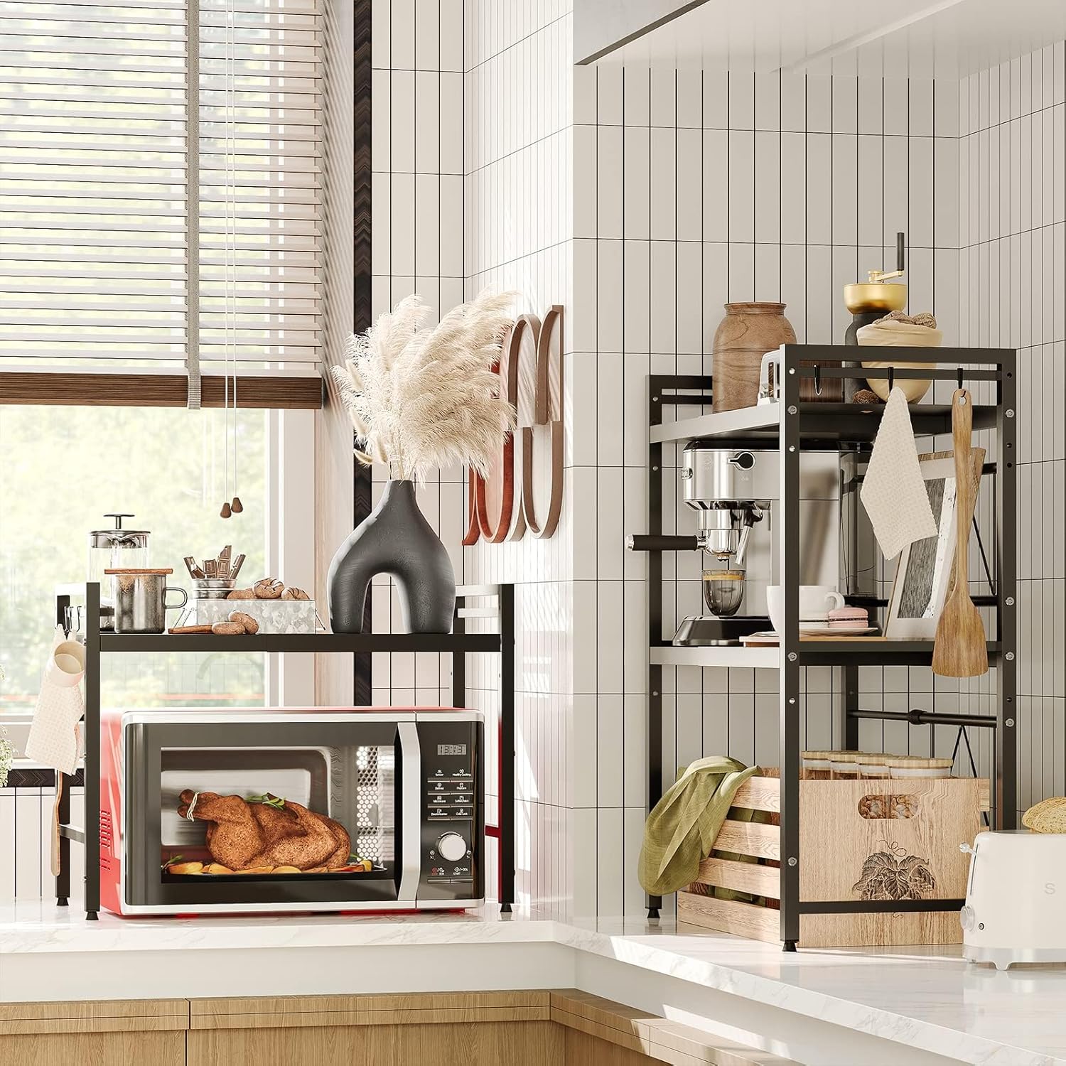 CARLA HOME Adjustable Microwave Oven Rack with 6 Hooks - 2 Tier Black