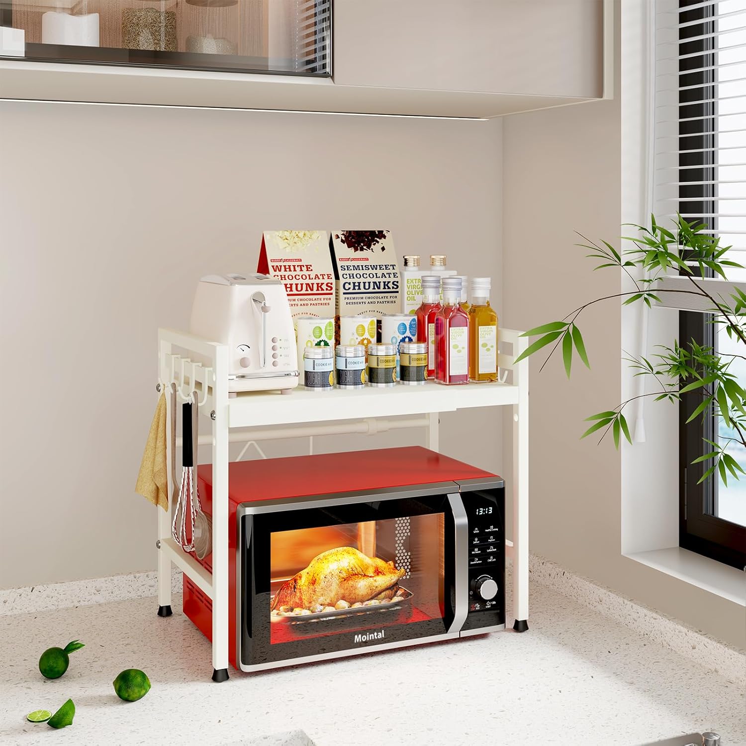 CARLA HOME Adjustable Microwave Oven Rack with 6 Hooks - 2 Tier White