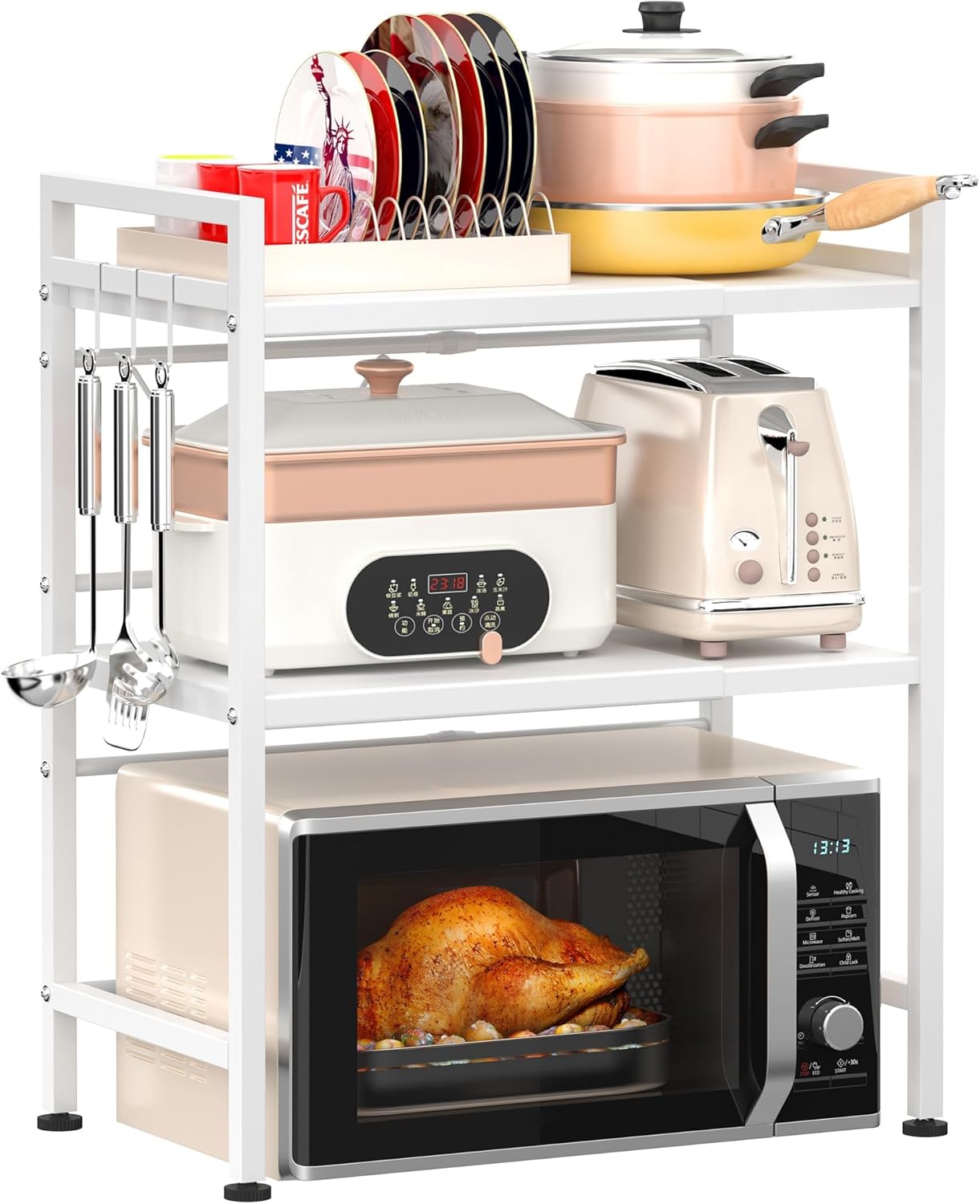 CARLA HOME Adjustable Microwave Oven Rack with 6 Hooks - 3 Tier