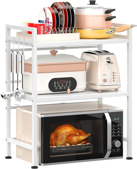 CARLA HOME Adjustable Microwave Oven Rack with 6 Hooks - 3 Tier
