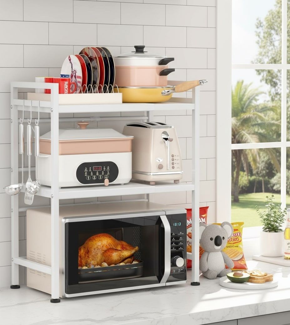 CARLA HOME Adjustable Microwave Oven Rack with 6 Hooks - 3 Tier