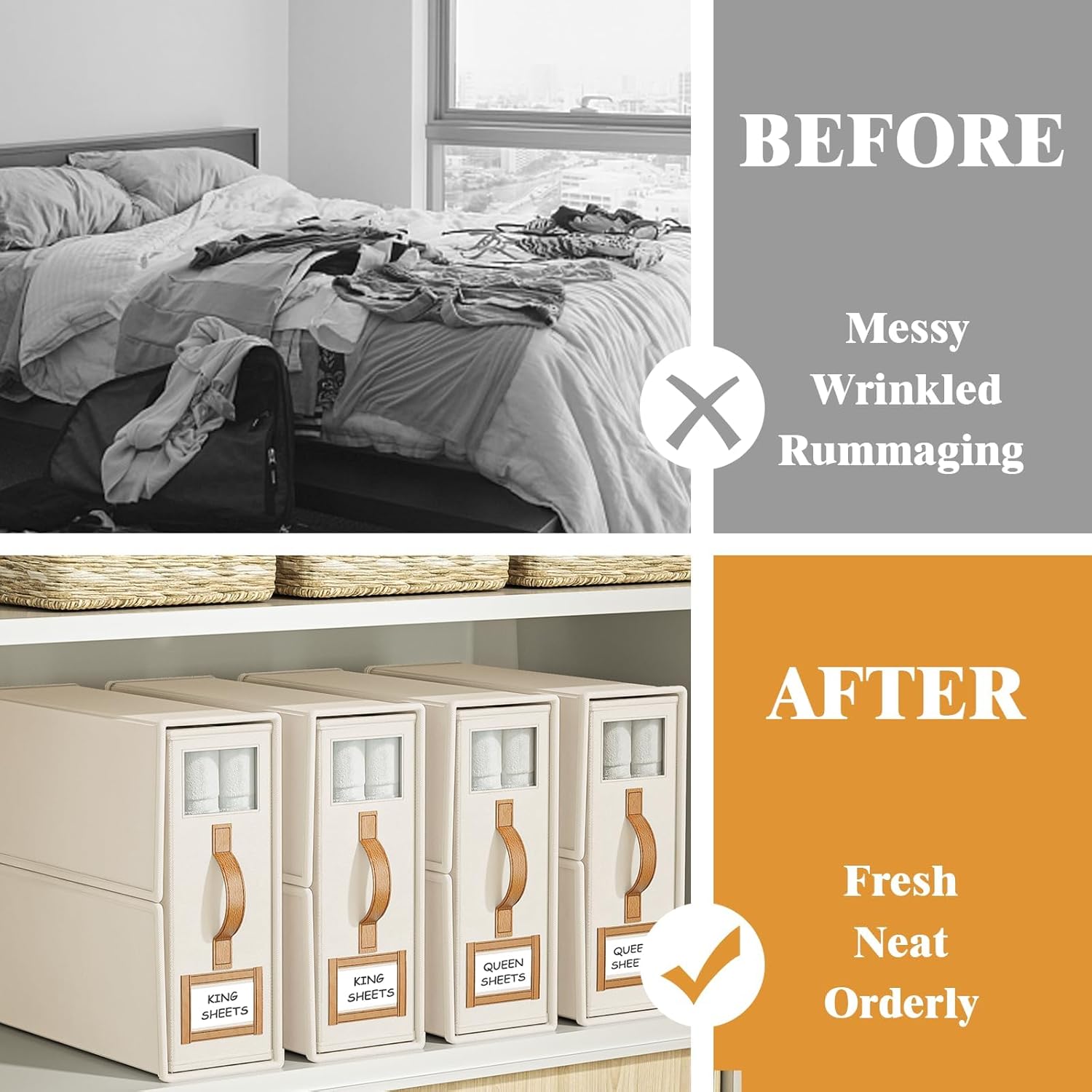 CARLA HOME Bed Sheet Organiser Set – Beige 8 Pack with Handle & Window