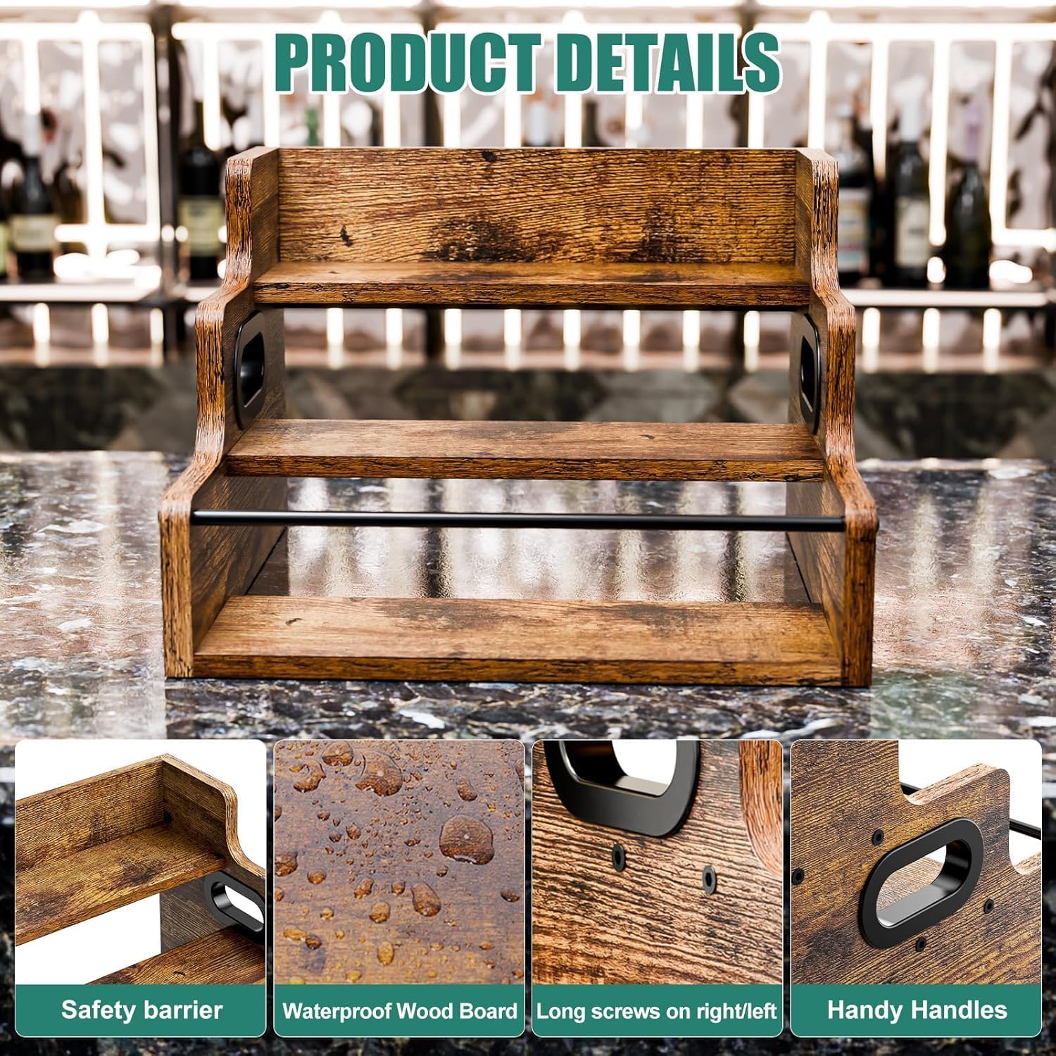 CARLA HOME 3-Tier Liquor Bottle Display Shelf with Rustic Wood & Metal Rail