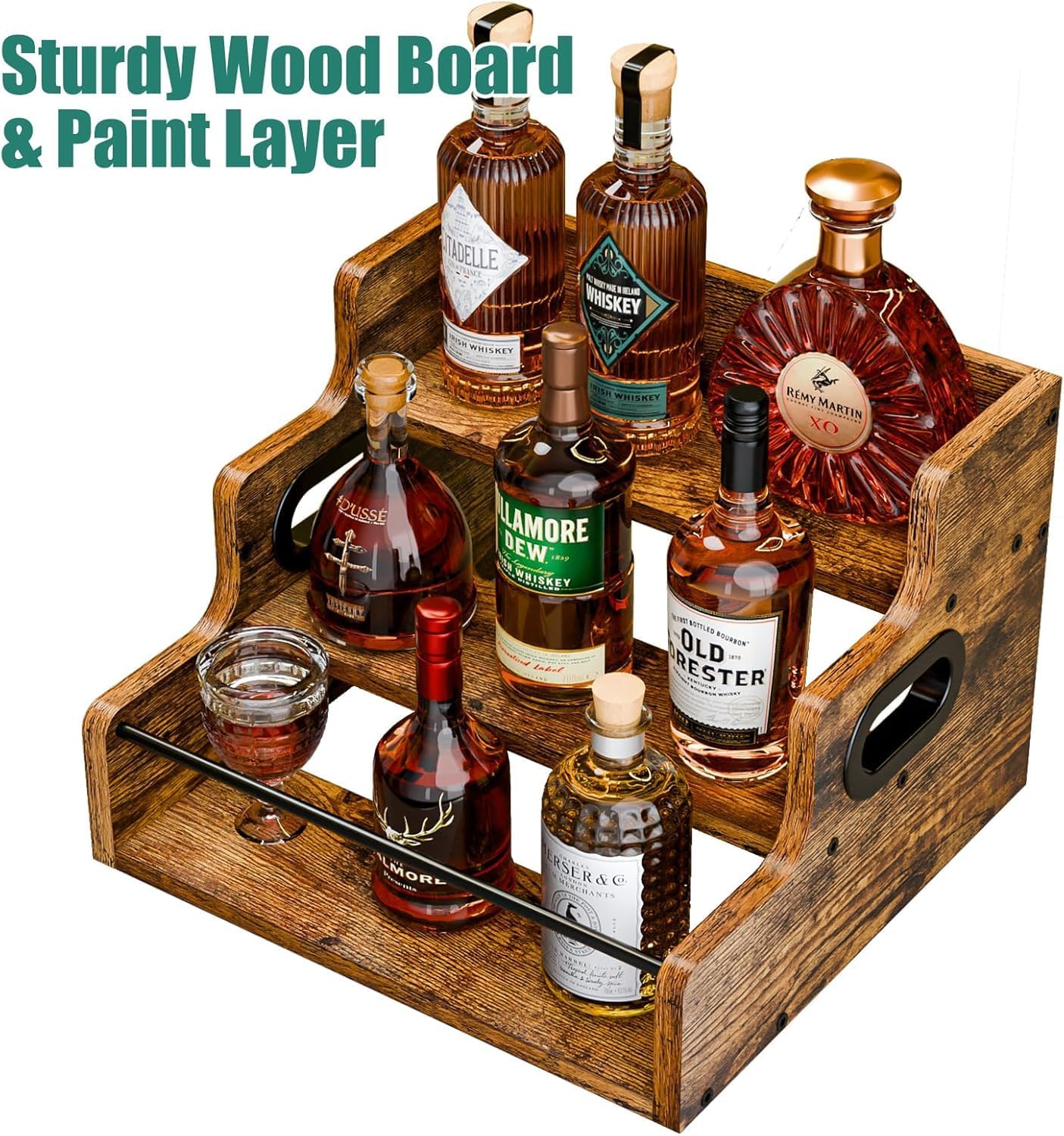 CARLA HOME 3-Tier Liquor Bottle Display Shelf with Rustic Wood & Metal Rail