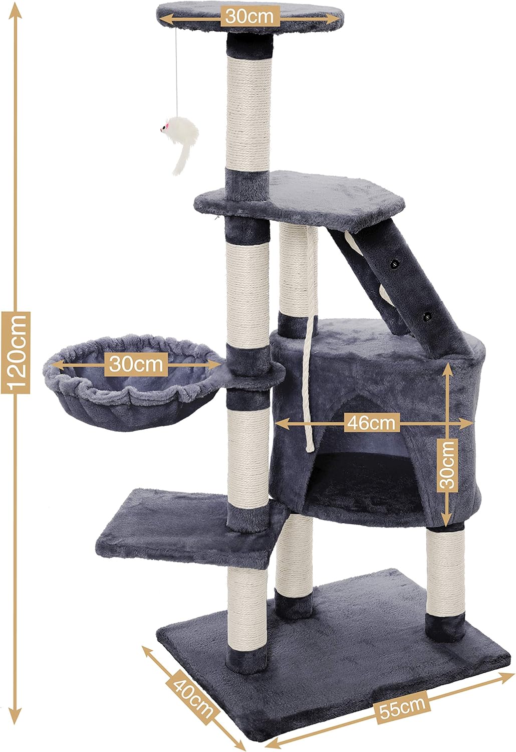 CARLA HOME Cat Tree – 120cm with Condo, Hammock & Plush Perch