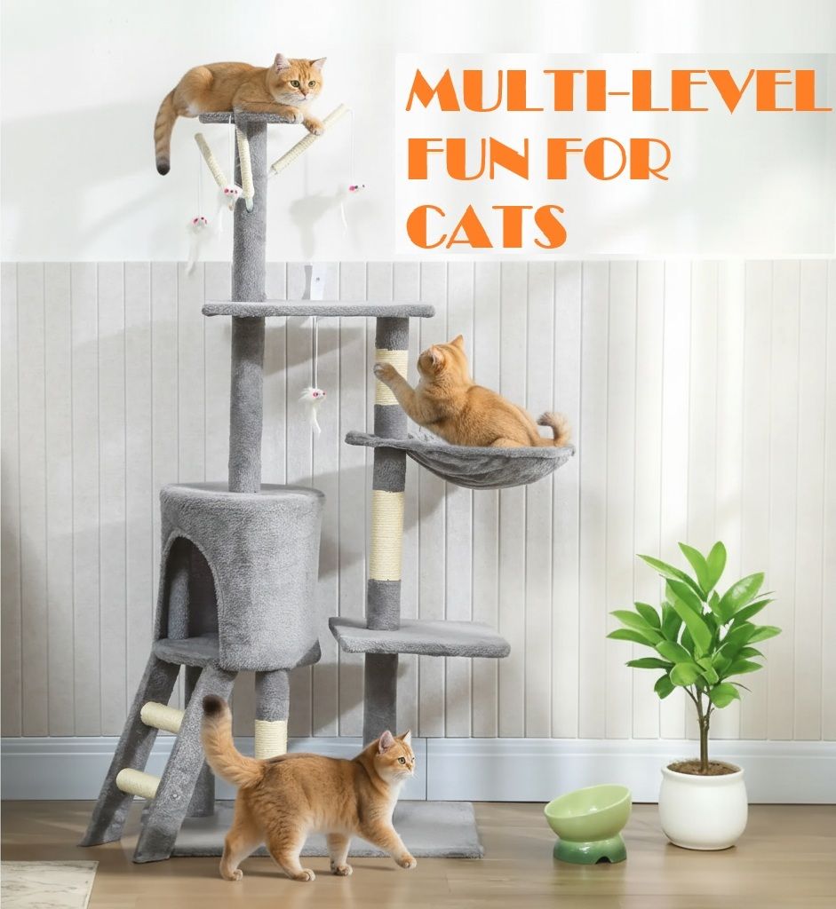 CARLA HOME 134cm Cat Tree with Hammock & Sisal Posts - Light Grey