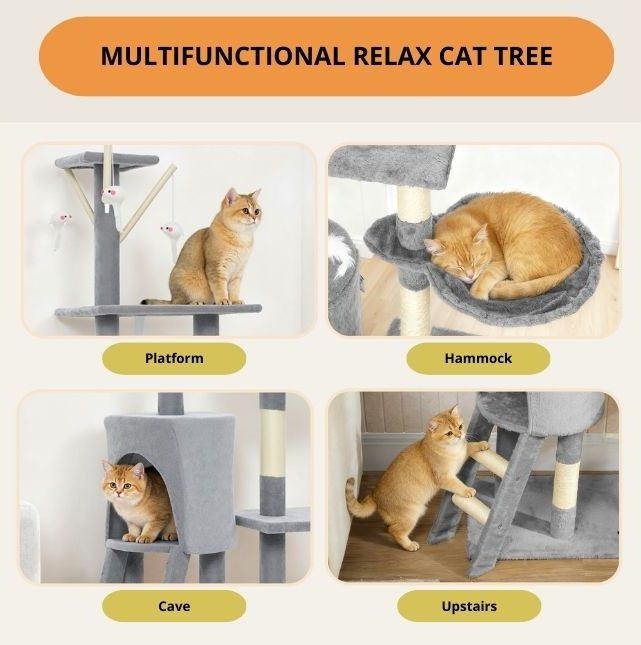 CARLA HOME 134cm Cat Tree with Hammock & Sisal Posts - Light Grey